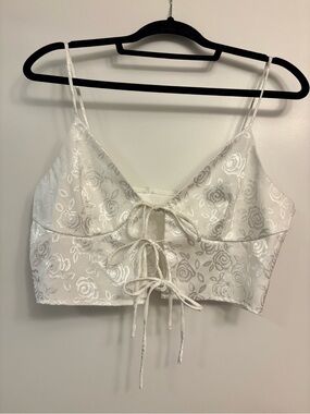 White Floral Lace-Up Satin Crop Cami